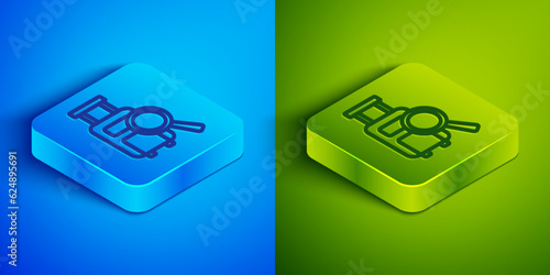 Isometric line Airline service of finding lost baggage icon isolated on blue and green background. Search luggage. Square button. Vector