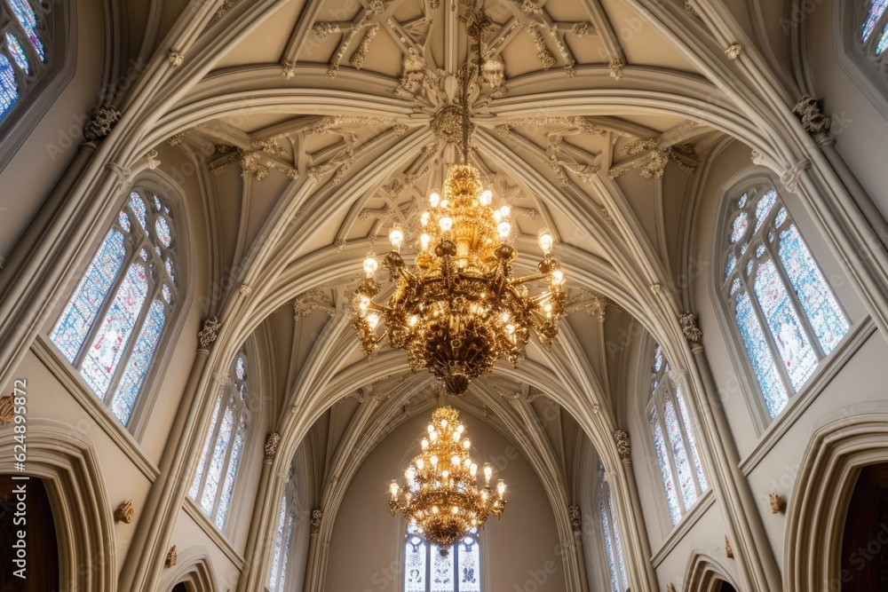 cathedral ceiling with ornate chandelier hanging, created with generative ai
