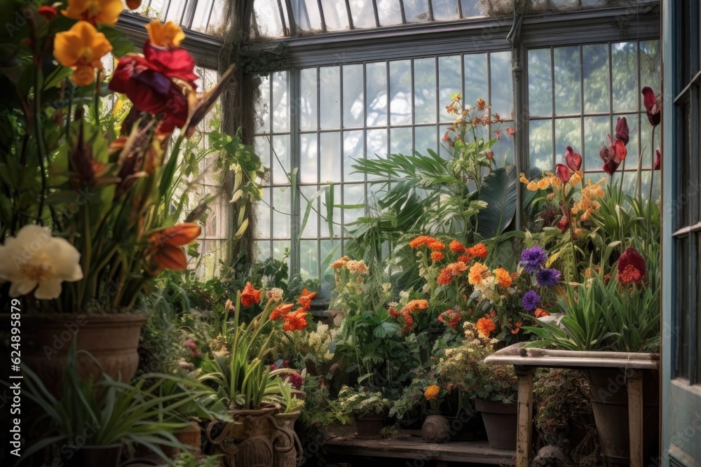 close-up of exotic flowers inside a victorian greenhouse, created with generative ai