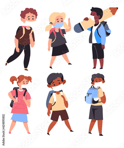 Children wearing medical masks going to school