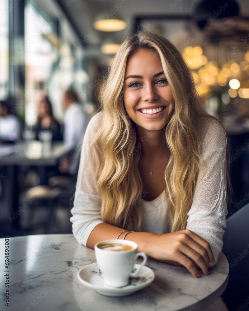 Junge schöne blonde Frau entspannt sich in einem Café. Generative KI Junge schöne blonde Frau entspannt sich in einem Café. Generative KI