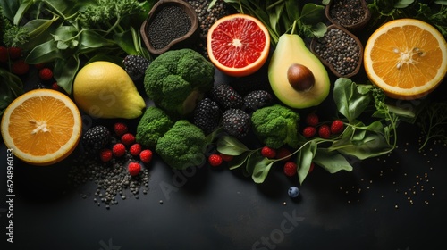 healthy fruit, clean eating, fresh vegetable in isolated black background