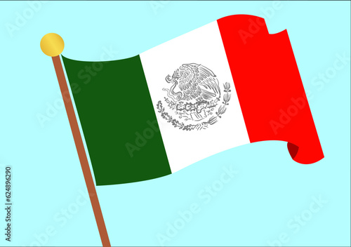 Flag of Mexico, colors, green, white and red, with the eagle in the middle perched on nopales and with a snake in its beak