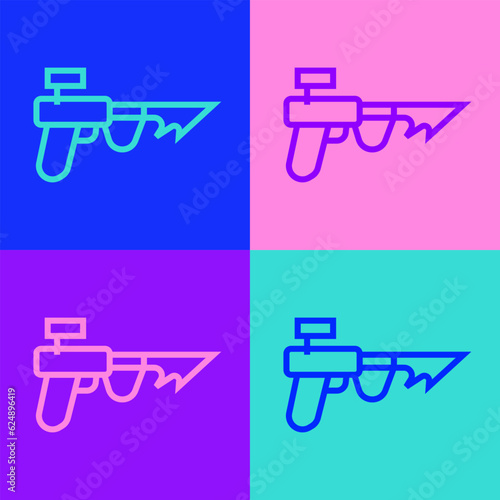 Pop art line Fishing harpoon icon isolated on color background. Fishery manufacturers for catching fish under water. Diving underwater equipment. Vector