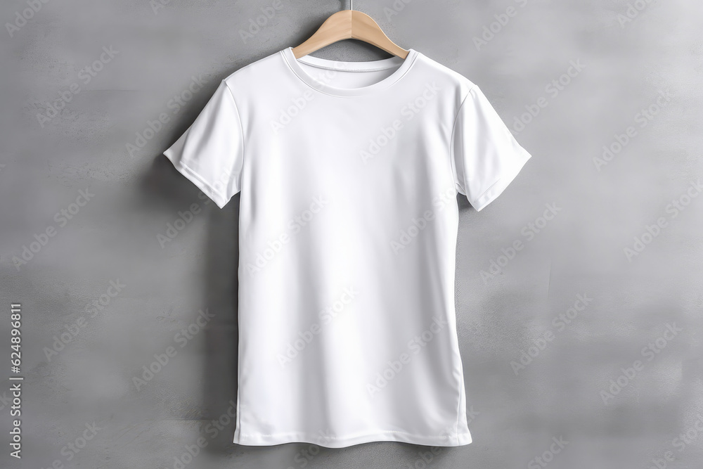 White women t-shirt mockup on a hanger on gray concrete background. Design t-shirt template, print presentation mockup. Generative AI. White women t-shirt mockup on a hanger on gray concrete background. Design t-shirt template, print presentation mockup. Generative AI.