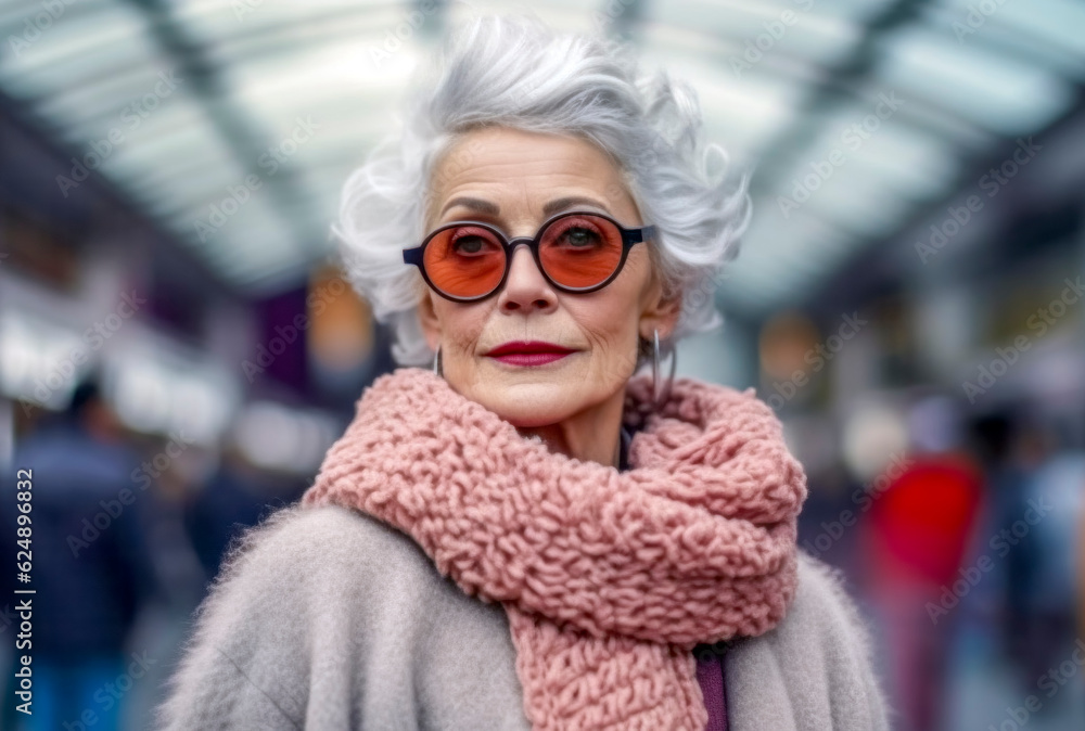 Elegante ältere grauhaarige Frau mit Sonnenbrille und Wollschal beim shopping, Generative AI Elegante ältere grauhaarige Frau mit Sonnenbrille und Wollschal beim shopping, Generative AI