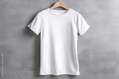 White women t-shirt mockup on a hanger on gray concrete background. Design t-shirt template, print presentation mockup. Generative AI.