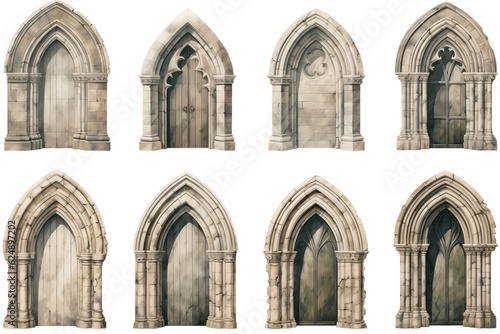 Stone Vintage Arch Door  Gothic Architecture Elements on Transparent Background. AI