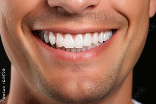 Perfectly white healthy teeth of a smiling man close-up. Portrait with selective focus and copy space