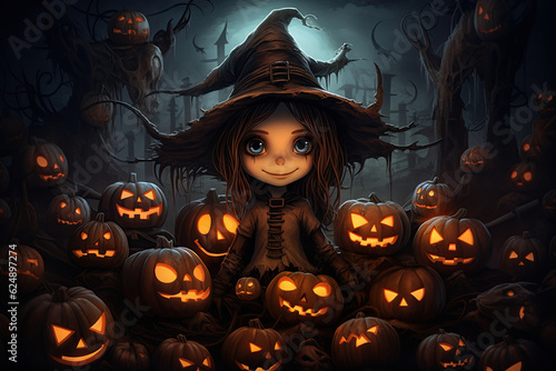 Witch and Halloween pumpkins. Horror poster artwork design. Generative Ai illustration