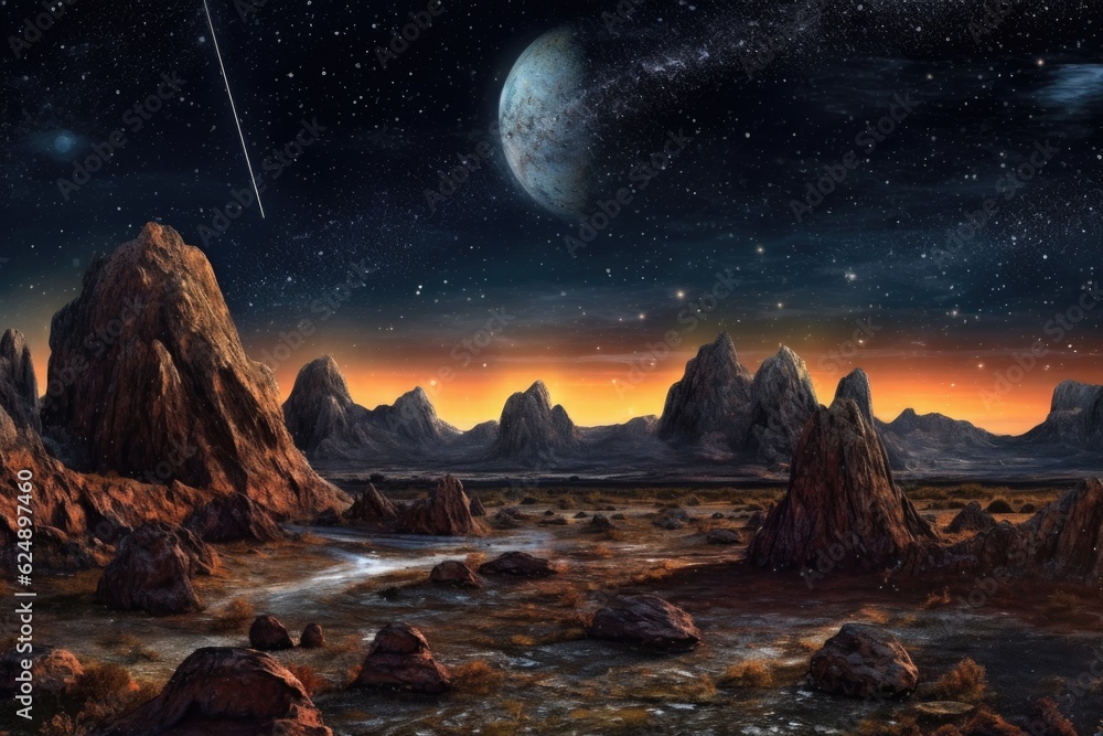 panoramic view of asteroids landscape with starry backdrop, created with generative ai