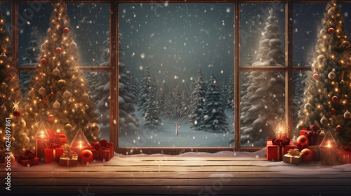 Christmas composition with snowy fir trees. Merry Christmas and Happy New Year banner. Holiday winter landscape. Created with Generative AI