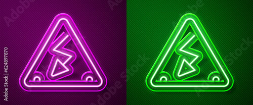 Glowing neon line High voltage sign icon isolated on purple and green background. Danger symbol. Arrow in triangle. Warning icon. Vector