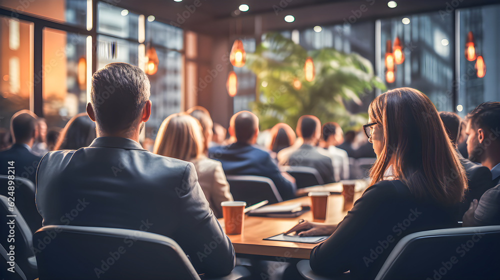 Work team gathered in a room. Group of workers listening in a meeting room. Blurred background and copy space