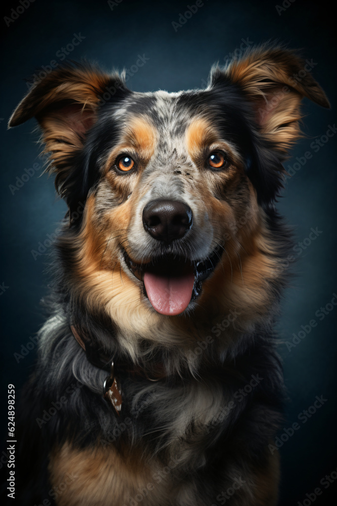 Porträt eines Australian Shepherd vor dunklem Hintergrund. Studioaufnahme erstellt mit AI 