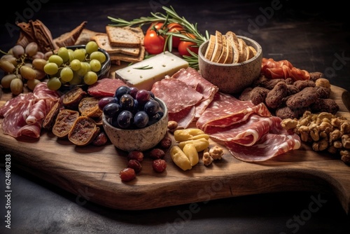 rustic board with meats, nuts, and olives, created with generative ai
