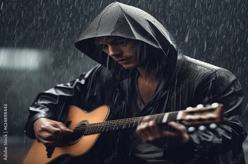 A men playing Guitar in Rain Season