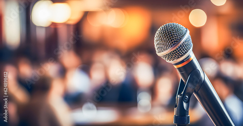 Microphone in the foreground with a blurred background. Speaker, meeting room or event concept.