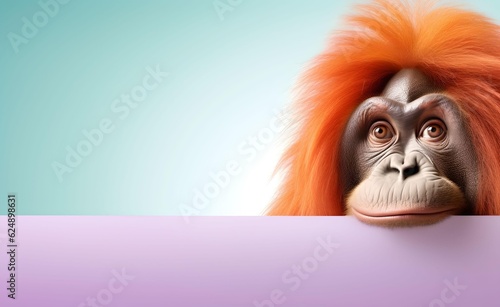 Creative Animal Concept. Orangutan peeking over pastel bright background. Generative AI.