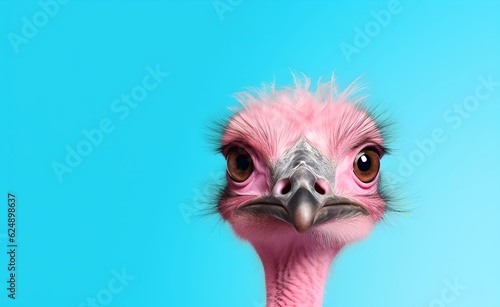 Creative Animal Concept. Ostrich peeking over pastel bright background. Generative AI.