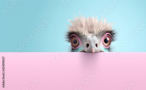 Creative Animal Concept. Ostrich peeking over pastel bright background. Generative AI.