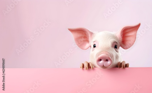 Creative Animal Concept. Pink pig peeking over pastel bright background. Generative AI. © Curioso.Photography