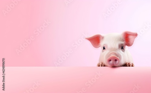 Creative Animal Concept. Pink pig peeking over pastel bright background. Generative AI. © Curioso.Photography