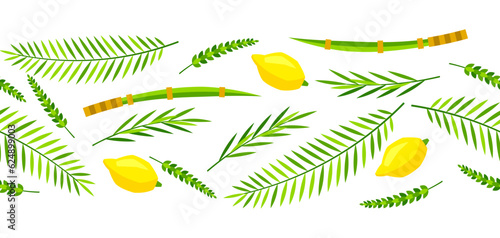 Happy Sukkot seamless pattern. Holiday background with Jewish festival traditional symbols.