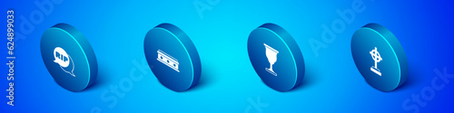 Set Isometric Speech bubble rip death, Christian chalice, Grave with cross and Coffin icon. Vector