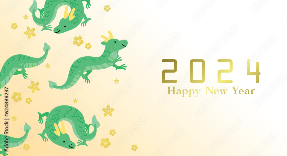 Year of the dragon banner with plum blossoms background. Chinese new year 2024 greetings card with flying green dragons, spring flowers, lunar new year celebration. Year of the dragon banner with plum blossoms background. Chinese new year 2024 greetings card with flying green dragons, spring flowers, lunar new year celebration.