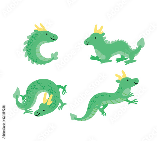 Traditionnal chinese dragon vector set collection. Different poses of cute cartoon chinese dragons. CNY 2024 chinese zodiac dragon isolated vector.