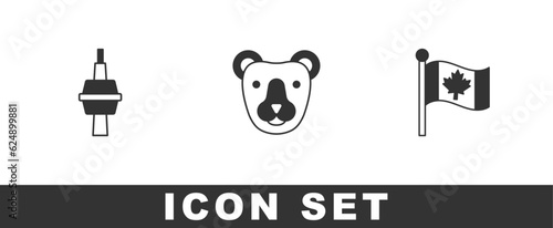 Set TV CN Tower in Toronto, Bear head and Flag of Canada icon. Vector