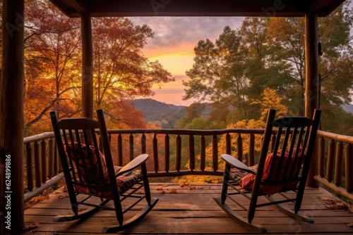 log cabin porch with rocking chairs and a scenic view  created with generative ai