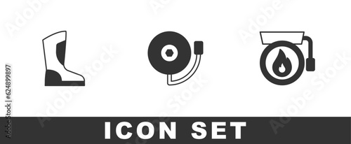 Set Fire boots, Ringing alarm bell and icon. Vector