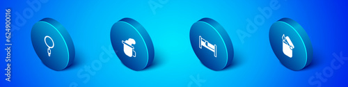 Set Isometric Magnifying glass, Bed, Lighter and Cup of tea icon. Vector