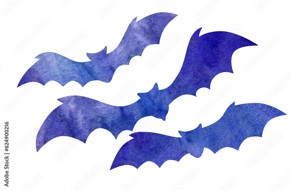 Watercolor halloween design elements, aquarelle textured flying bats with wide wings with spots, dots and blots splashes in violet colors.Isolated