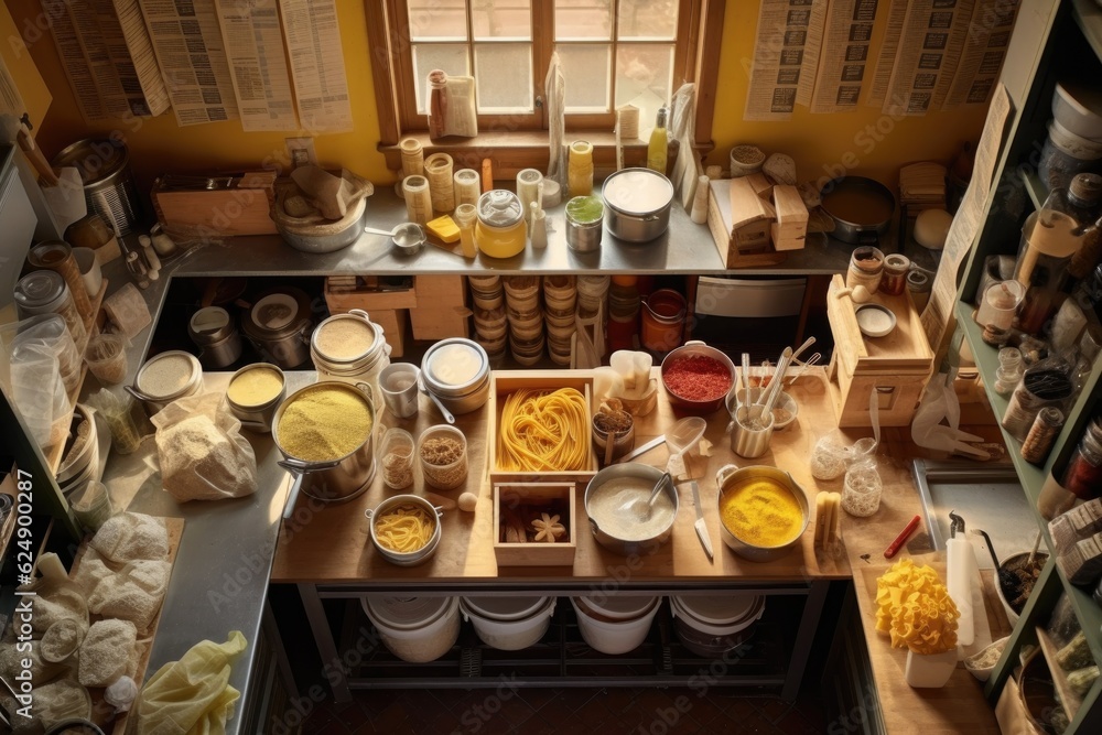 overhead shot of pasta-making workspace, created with generative ai