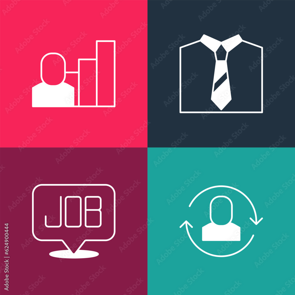 Set pop art Exchange work, Search job, Tie and Productive human icon. Vector Set pop art Exchange work, Search job, Tie and Productive human icon. Vector