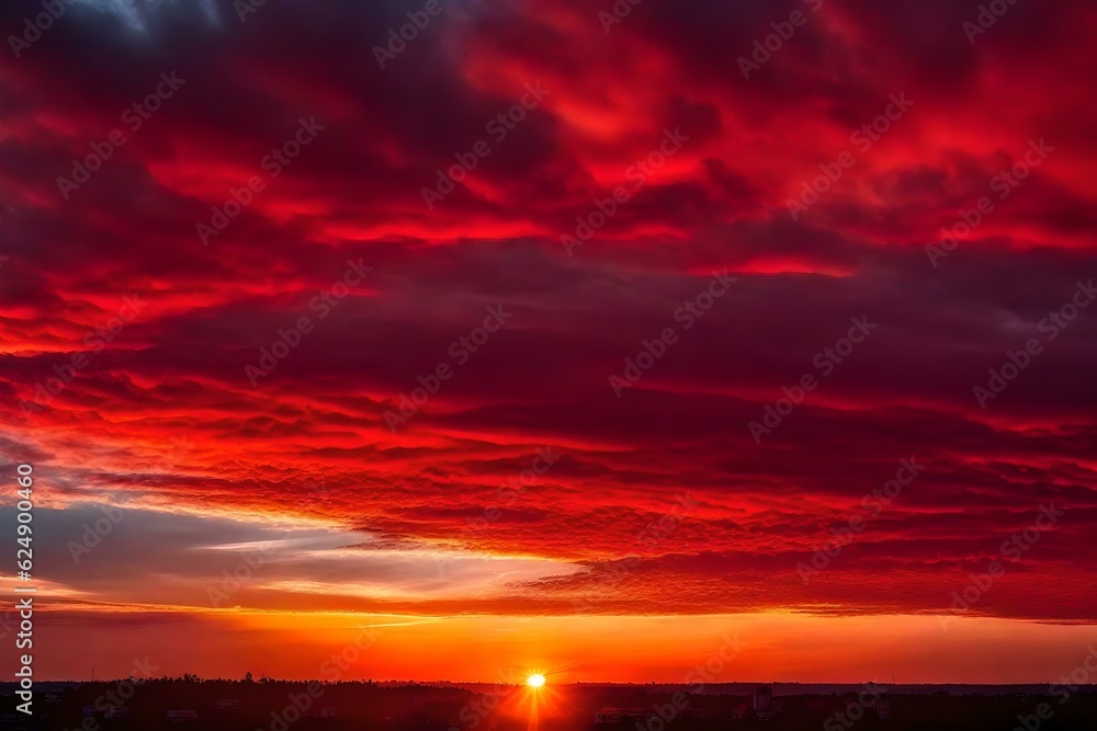 A mesmerizing bright red sunset painting generated by AI tool