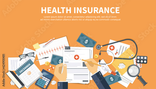 Health care insurance concept. Man fills in the form of health insurance. Flat vector illustration	
