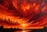 A mesmerizing bright red sunset painting generated by AI tool