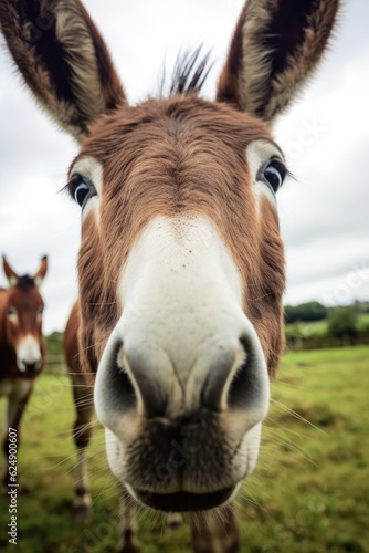 close-up of a donkeys curious face, created with generative ai