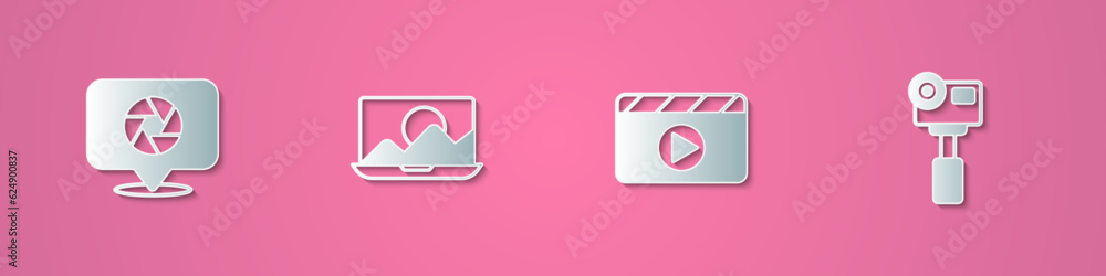 Set paper cut Camera shutter, Photo retouching, Movie clapper and Action extreme camera icon. Paper art style. Vector