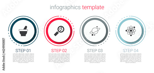 Set Mortar and pestle, Microorganisms under magnifier, Planet Saturn and Atom. Business infographic template. Vector