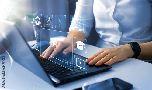 Person who attends online lessons.E-learning education, internet lessons and online webinar. Education internet Technology.	
