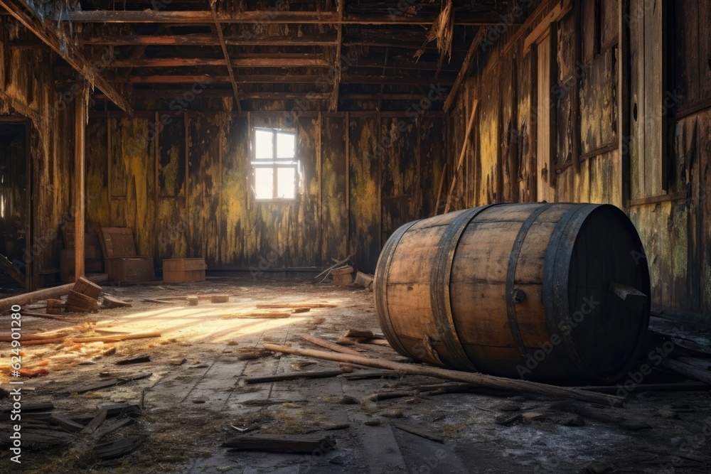 wooden barrel with peeling paint in abandoned barn, created with generative ai wooden barrel with peeling paint in abandoned barn, created with generative ai