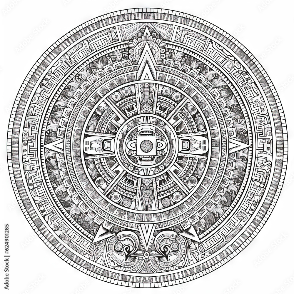 mandala Aztec coloring  book page black and white