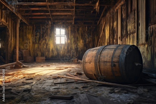 wooden barrel with peeling paint in abandoned barn, created with generative ai © altitudevisual