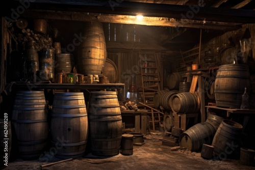 stack of old barrels in a dimly lit cellar, created with generative ai © altitudevisual