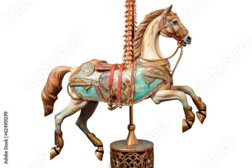 carousel horse with ornate saddle and brass pole, created with generative ai